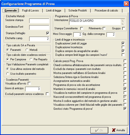 configurazione programma di prova